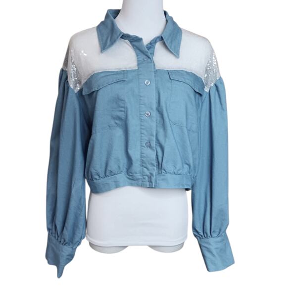 Western Crop‎ Top Blouse XL Puffy Sleeves Mesh Sparkly Sequins Coquette Country - Picture 1 of 10